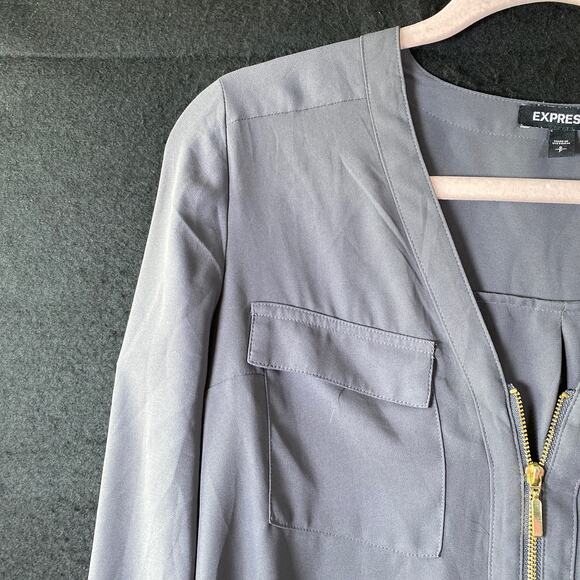 Express Womens Blouse Gray Zipper V Neck Roll Tab Sleeve Flowy Small - Picture 4 of 14
